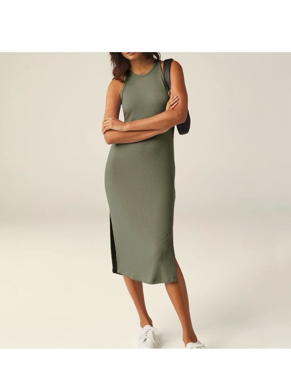 BEYOND YOGA Green Dusk Formation Tank‎ Dress Midi Ribbed Sleeveless Size Small